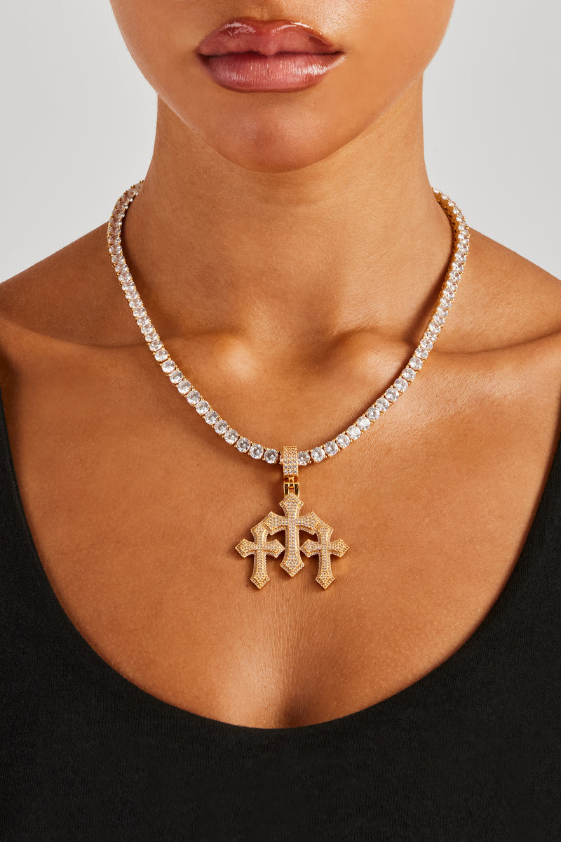 Women's Triple Cross Pendant & 5mm Tennis Chain - Gold