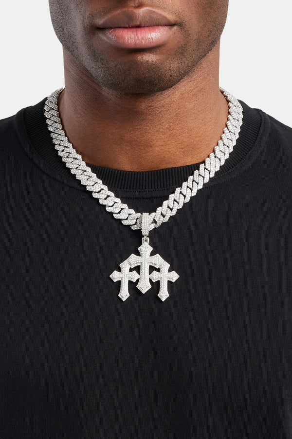 Iced Triple Cross Pendant + 14mm Prong Cuban Chain