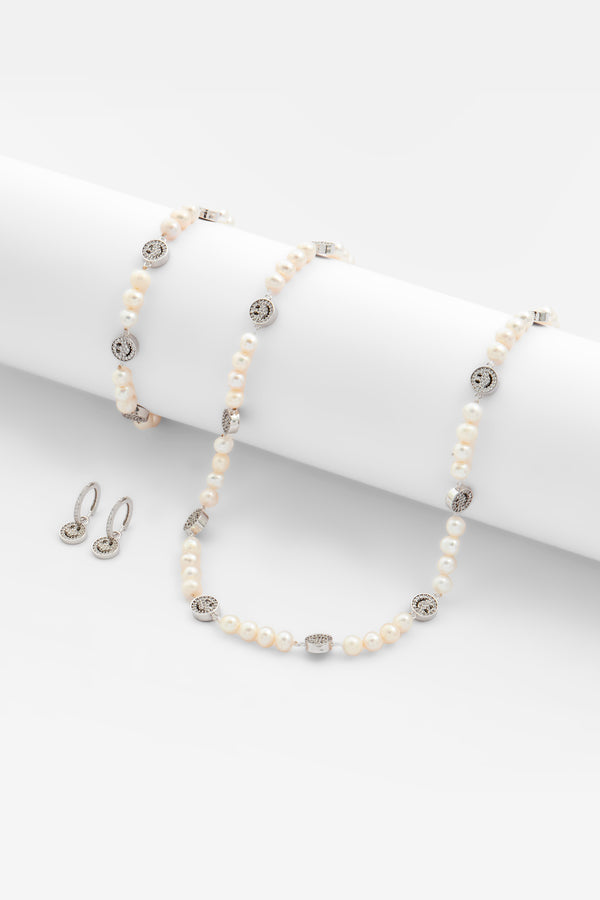 Pearl And Iced Face Motif Necklace + Bracelet & Iced Face Motif Earrings Bundle