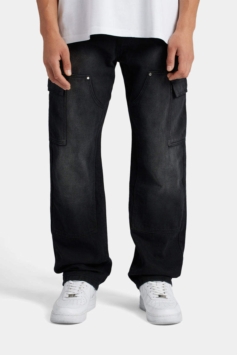 Relaxed Cargo Carpenter Jeans - Washed Black