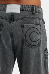 Acid Wash Utility Cargo Jeans - Black