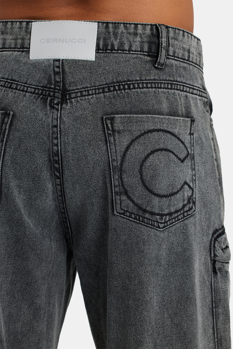 Acid Wash Utility Cargo Jeans - Black