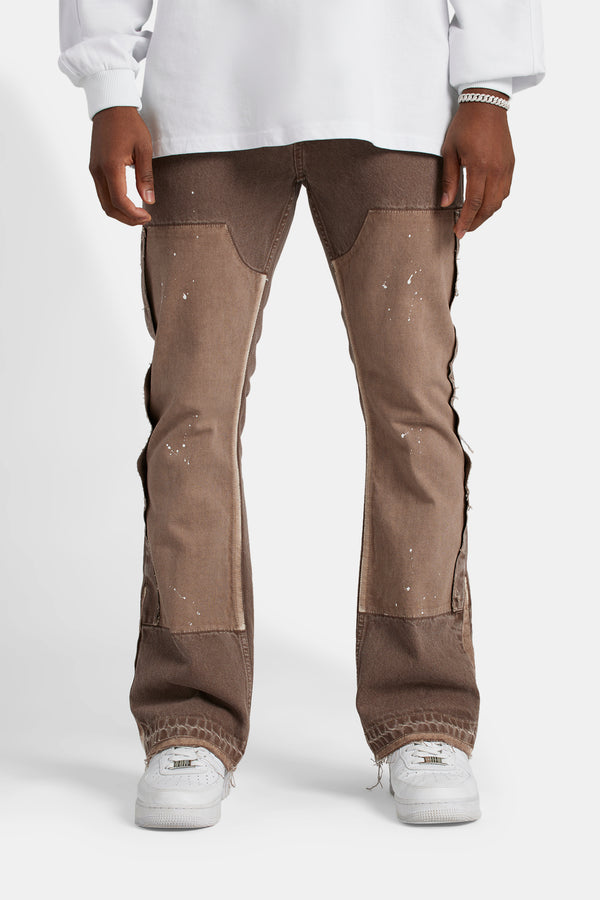 Carpenter Panelled Flare Fit Jeans - Brown