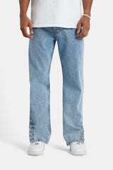 Relaxed Button Hem Detail Jeans - Light Blue