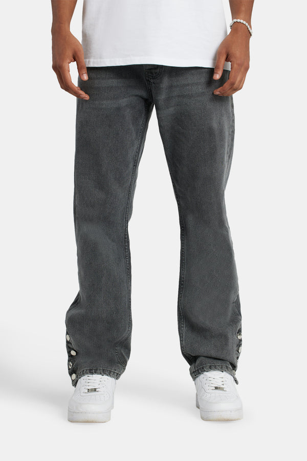 Relaxed Button Hem Detail Jeans - Dark Grey