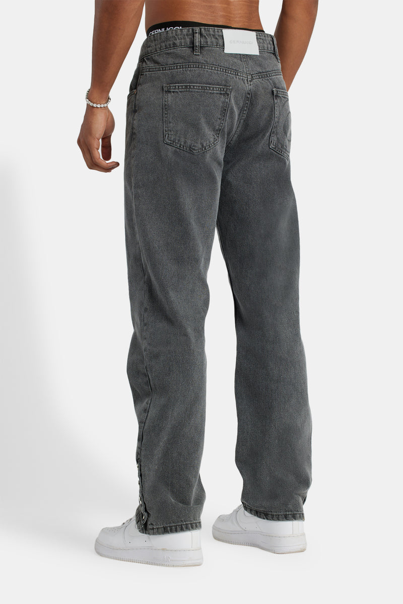 Relaxed Button Hem Detail Jeans - Dark Grey