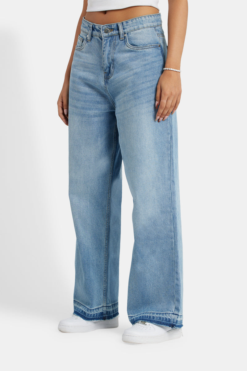 Relaxed Fit Raw Hem Jeans - Light Blue