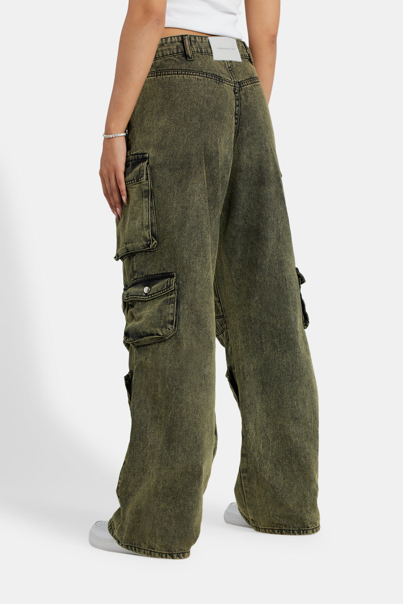 Acid Wash Baggy Cargo Jeans - Green