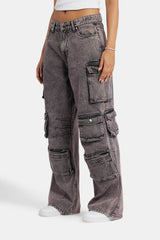 Acid Wash Baggy Cargo Jeans - Pink