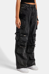 Acid Wash Baggy Cargo Jeans - Black