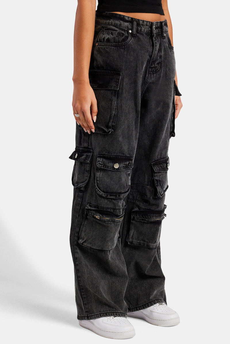 Acid Wash Baggy Cargo Jeans - Black