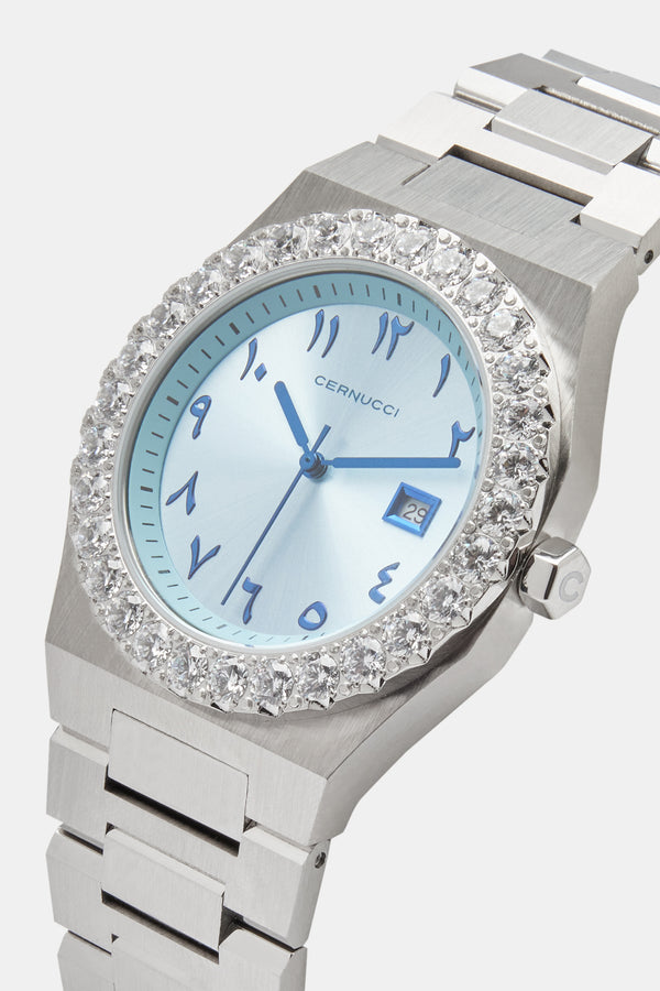 Blue Arabic Dial Iced Bezel Watch