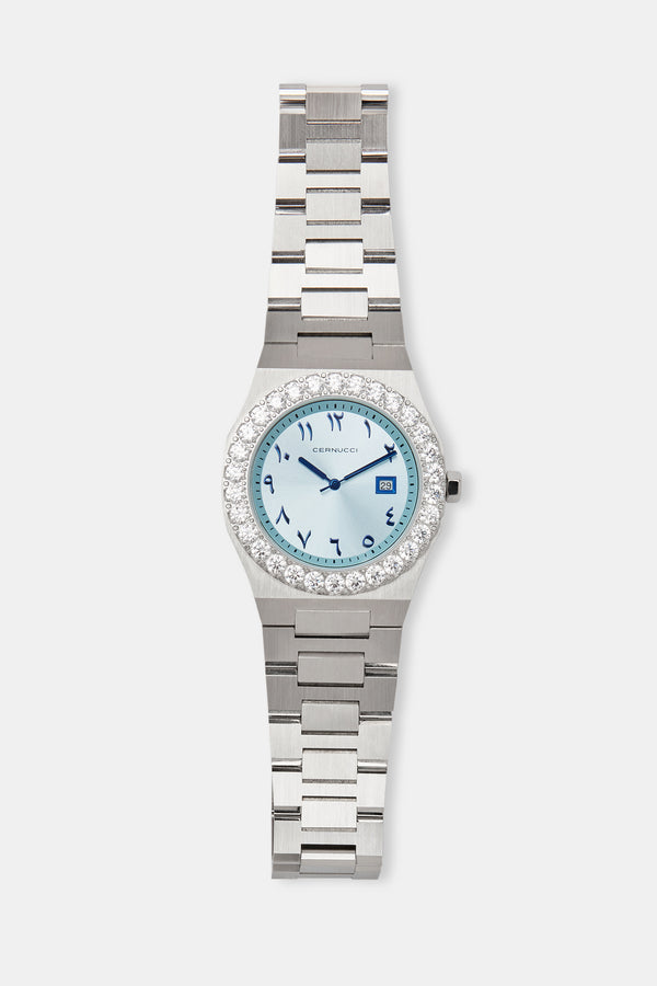 Blue Arabic Dial Iced Bezel Watch