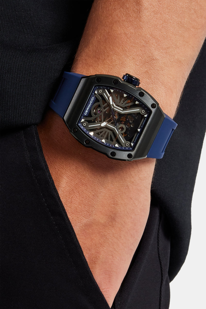 Skeleton Rubber Strap Watch - Navy