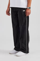 Nylon Piping Popper Wide Leg Jogger - Black