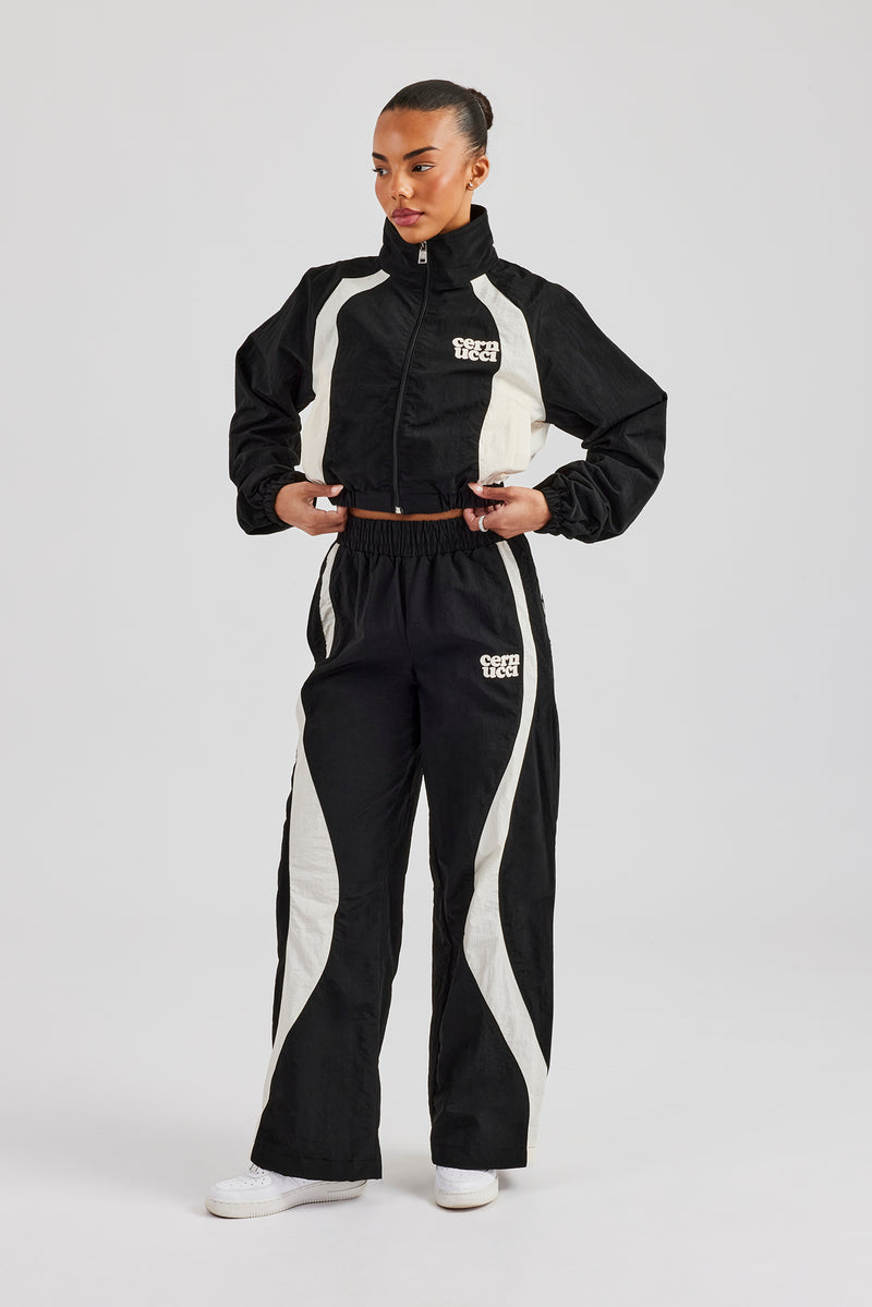 Contrast Panel Nylon Zip Through Tracksuit - Black