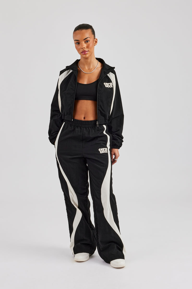 Contrast Panel Nylon Zip Through Tracksuit - Black