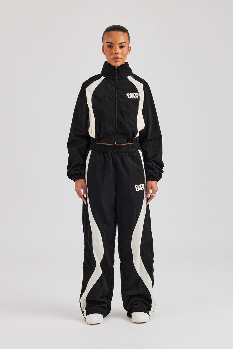 Contrast Panel Nylon Zip Through Tracksuit - Black