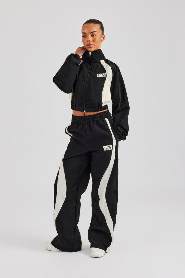 Contrast Panel Nylon Zip Through Tracksuit - Black