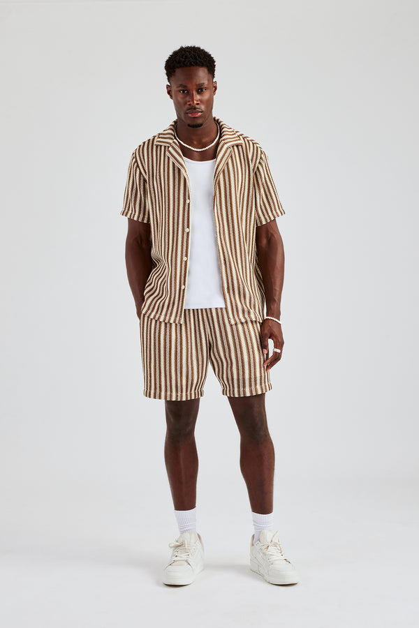 Knitted Contrast Stripe Revere Shirt & Short Set - Chocolate