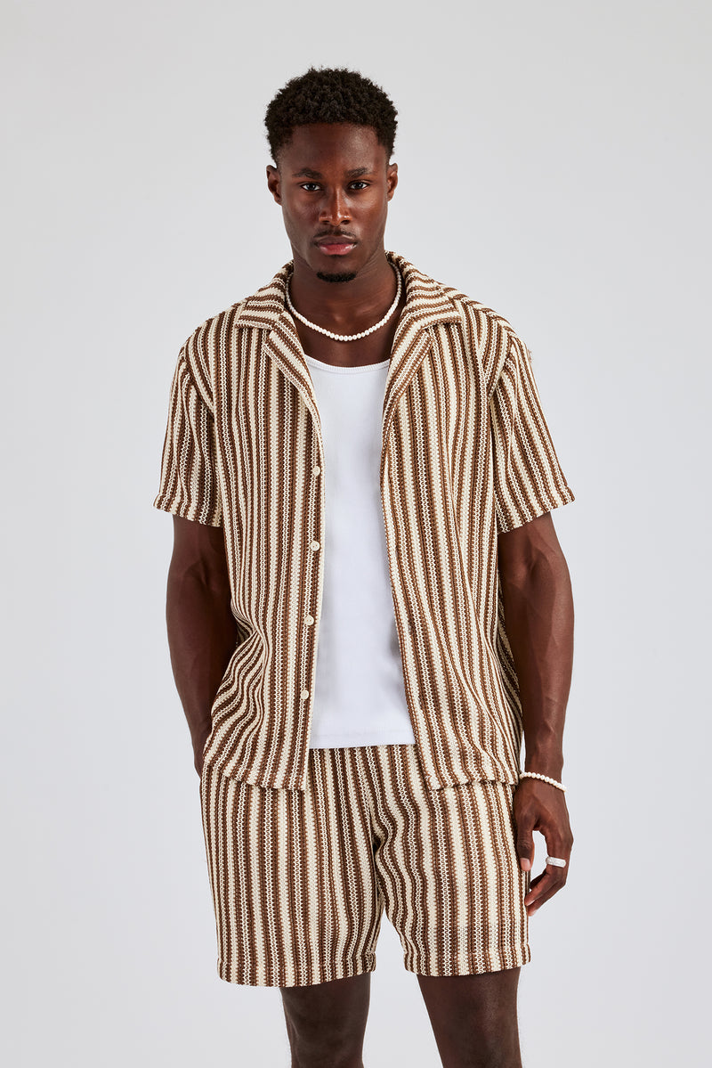 Knitted Contrast Stripe Revere Shirt & Short Set - Chocolate