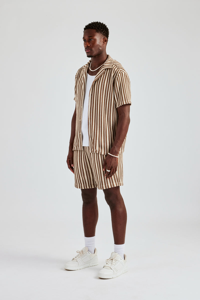 Knitted Contrast Stripe Revere Shirt & Short Set - Chocolate