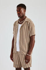 Knitted Contrast Stripe Revere Shirt & Short Set - Chocolate