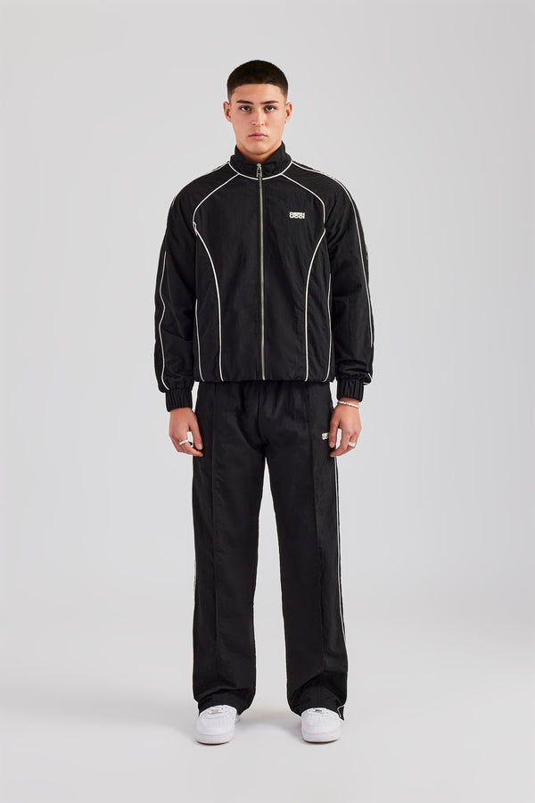 Nylon Piping Zip Through Tracksuit - Black