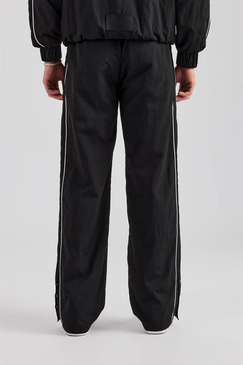 Nylon Piping Popper Wide Leg Jogger - Black