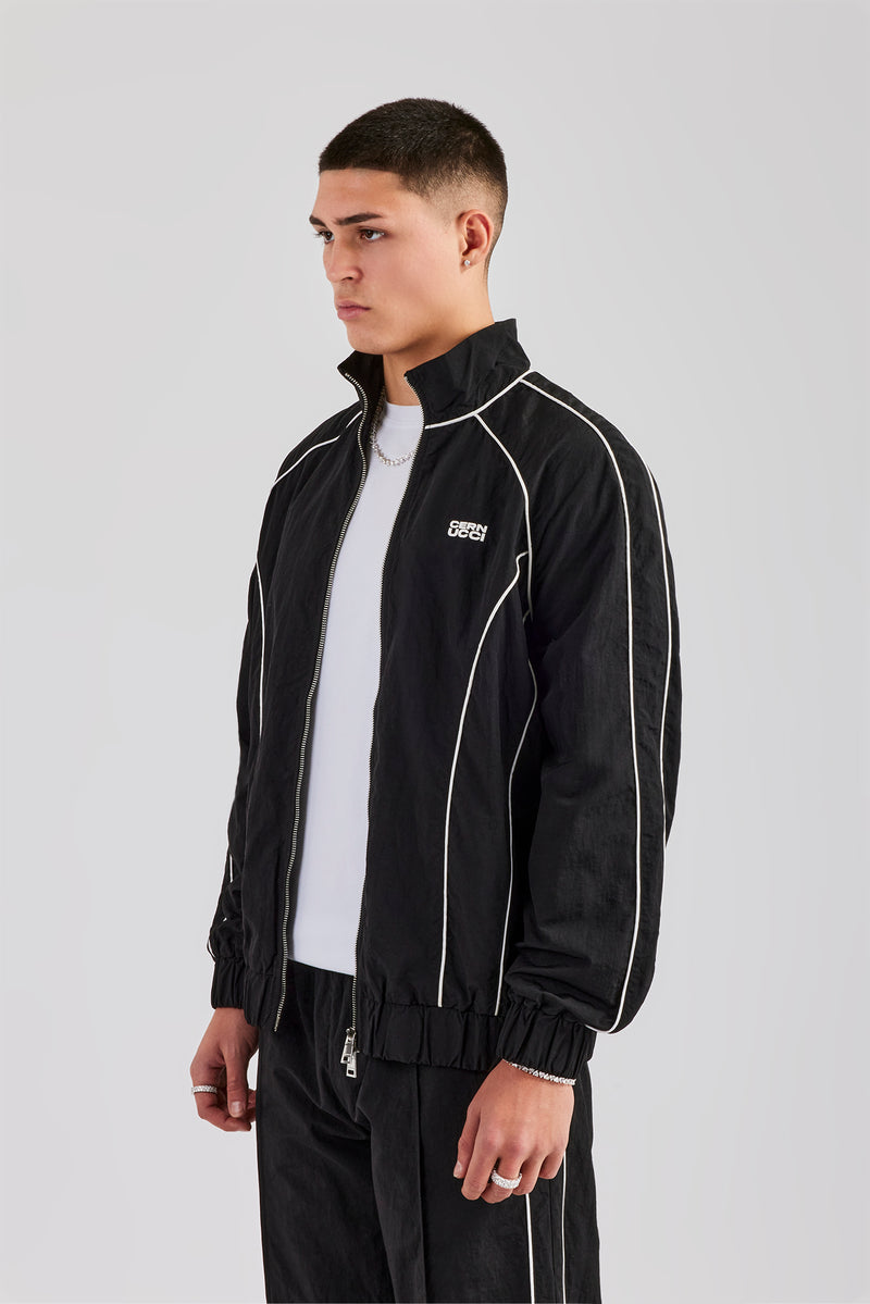 Nylon Piping Zip Through Jacket - Black