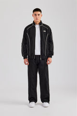 Nylon Piping Zip Through Tracksuit - Black