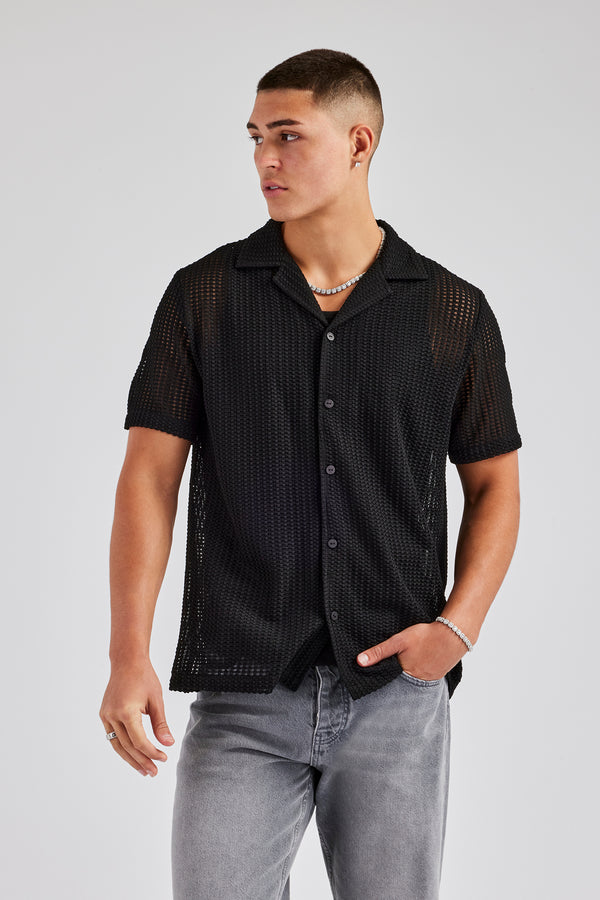 Textured Button Front Revere Shirt - Black