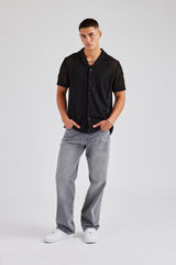 Textured Button Front Revere Shirt - Black