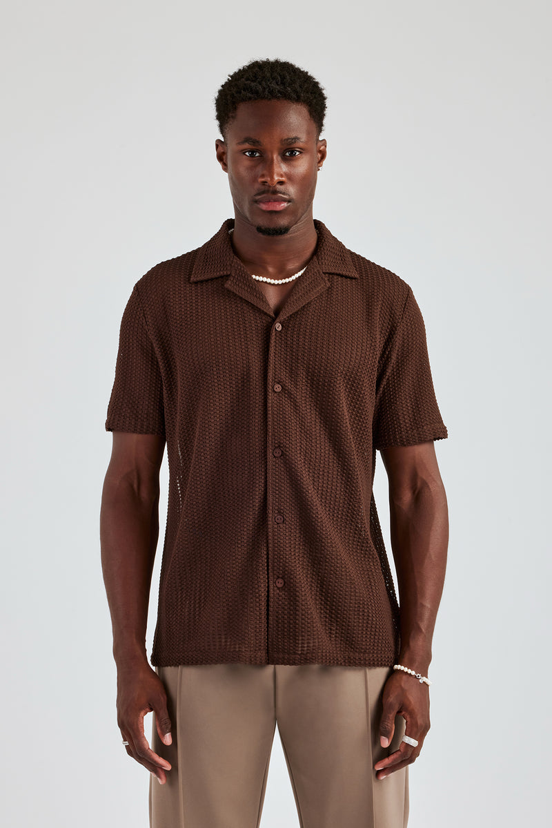 Textured Button Front Revere Shirt - Chocolate