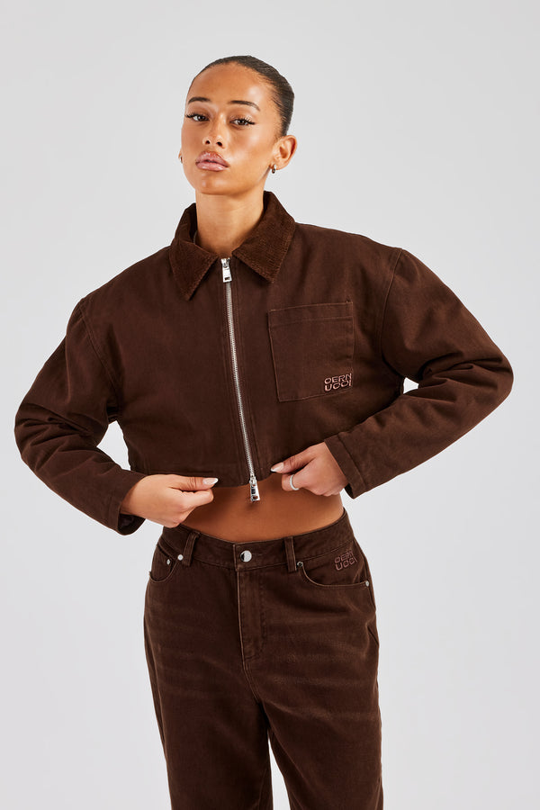 Twill Cord Collar Harrington Jacket - Chocolate