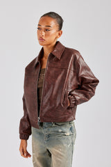 PU Embroidered Harrington Jacket - Brown