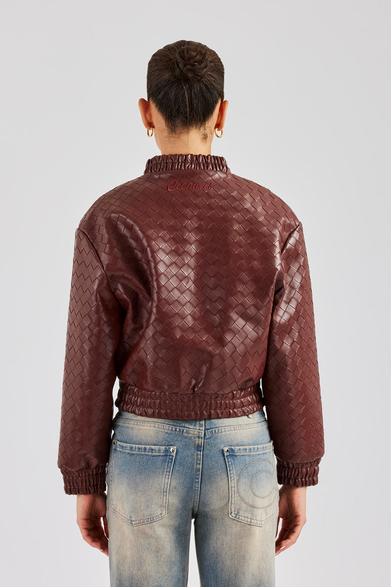 PU Lattice Bomber Jacket - Chocolate