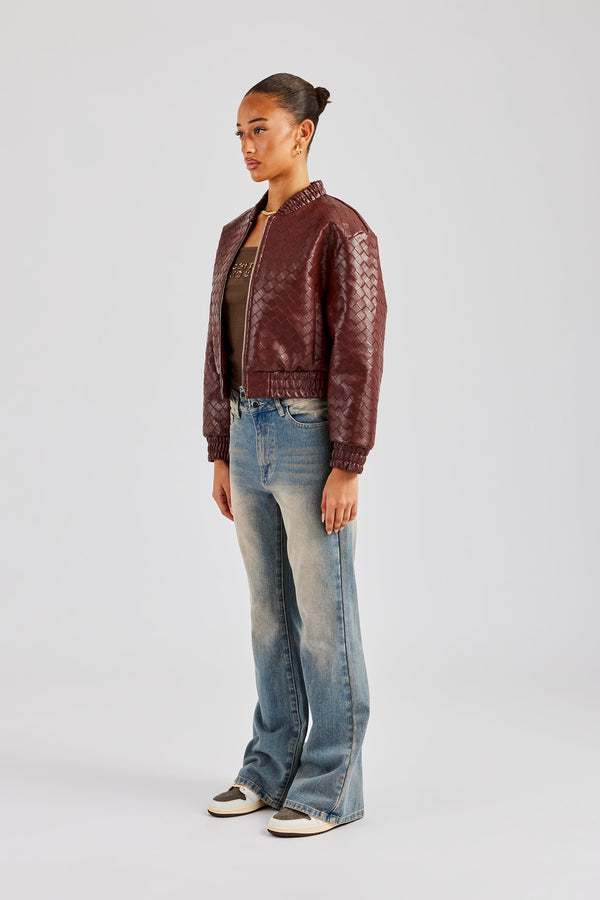 PU Lattice Bomber Jacket - Chocolate