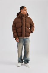 Oversized Hooded Puffer Jacket - Brown