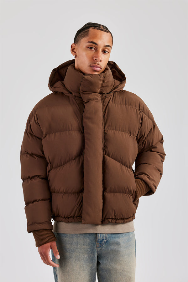 Oversized Hooded Puffer Jacket - Brown