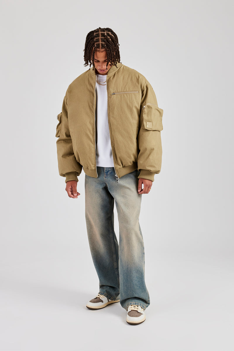 Twill Utility Cargo Bomber Jacket - Taupe