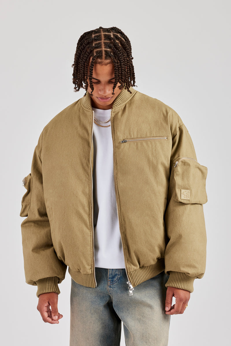 Twill Utility Cargo Bomber Jacket - Taupe