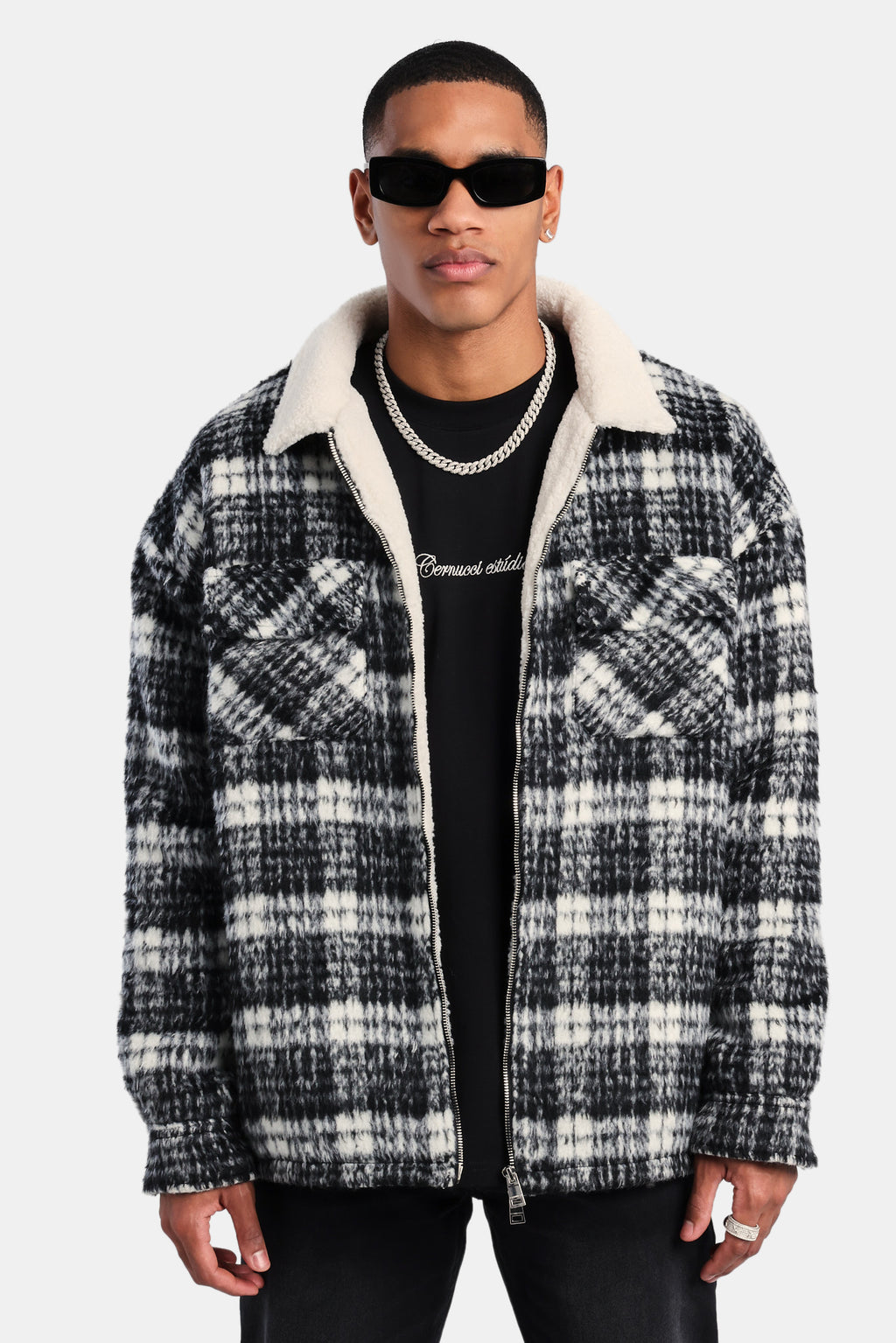 Oversized Check Zip Borg Lined Overshirt - Black | Mens Shirts | Shop ...