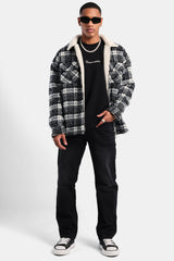 Oversized Check Zip Borg Lined Overshirt - Black