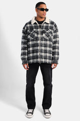 Oversized Check Zip Borg Lined Overshirt - Black