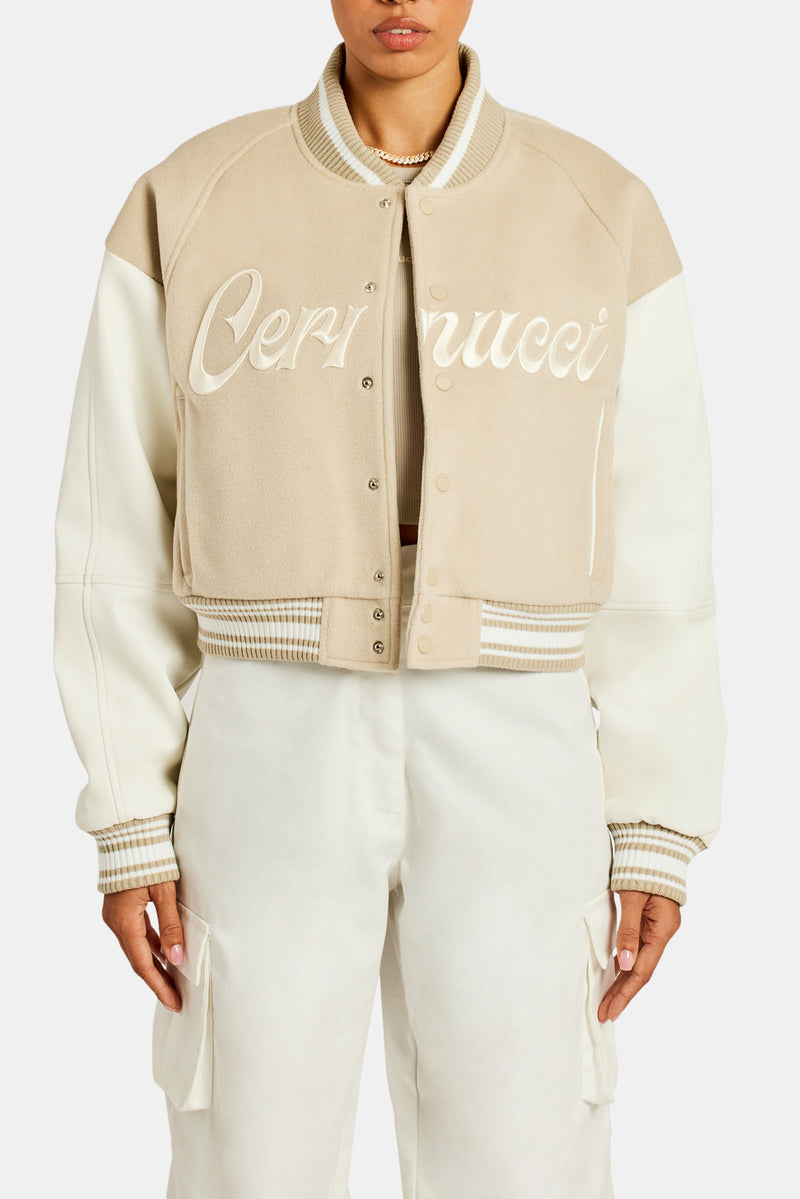 Cernucci Womens Varsity Bomber Jacket - Stone