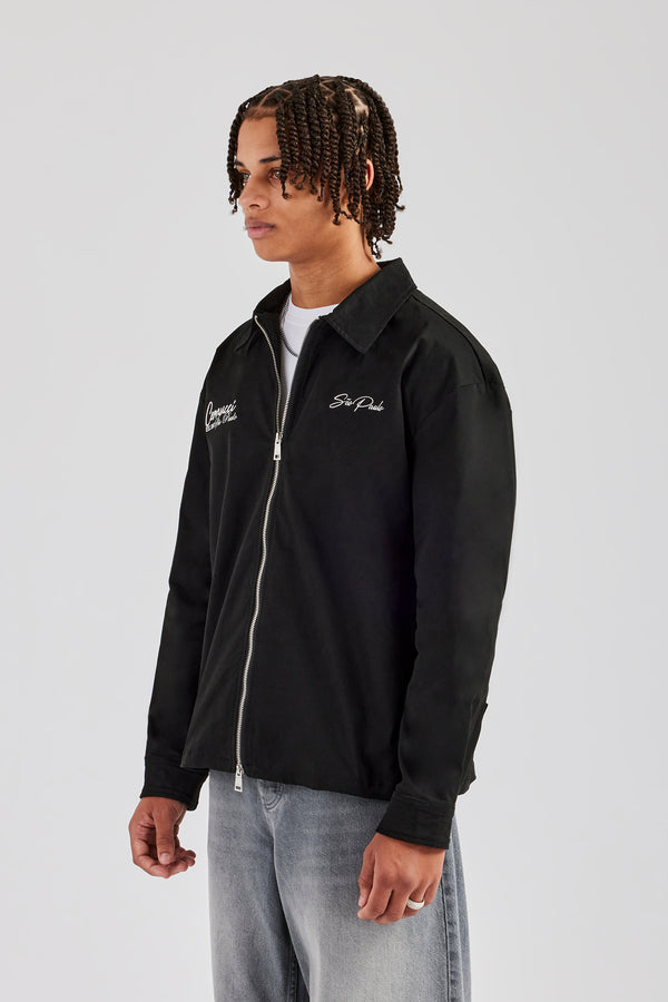 Cotton Zip Up Embroidered Shirt - Black