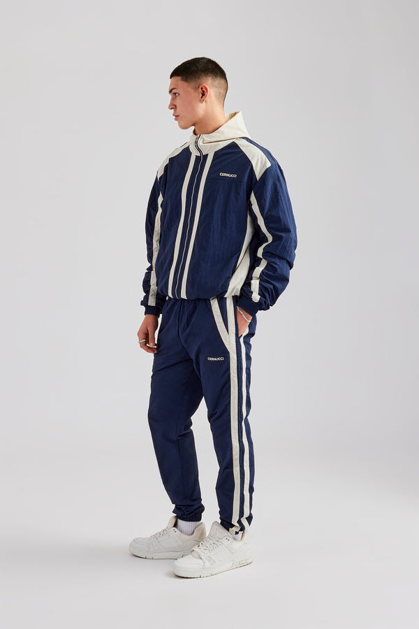 Nylon Colour Block Zip Through Tracksuit - Navy