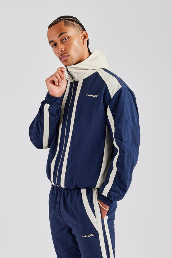 Nylon Colour Block Zip Through Jacket - Navy