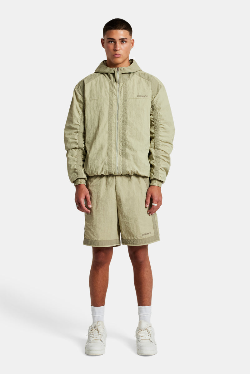 Nylon Colour Block Zip Through & Short Set - Light Khaki